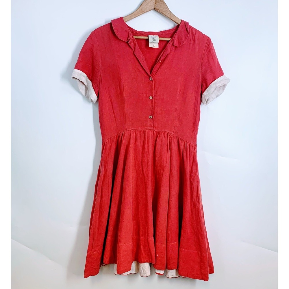 Son de Flor Red Linen Classic Dress Short Sleeve Peter Pan Collar‎ Womens Size S